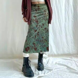 NEW Midi Skirt Sz.M Green Floral Stretch Pull-On Style Fairy Grunge Y2K 90s Boho
